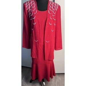Vintage Red 3-Piece Skirt Suit Set Women’s 14 Embellished Jacket & Flounce Hem
